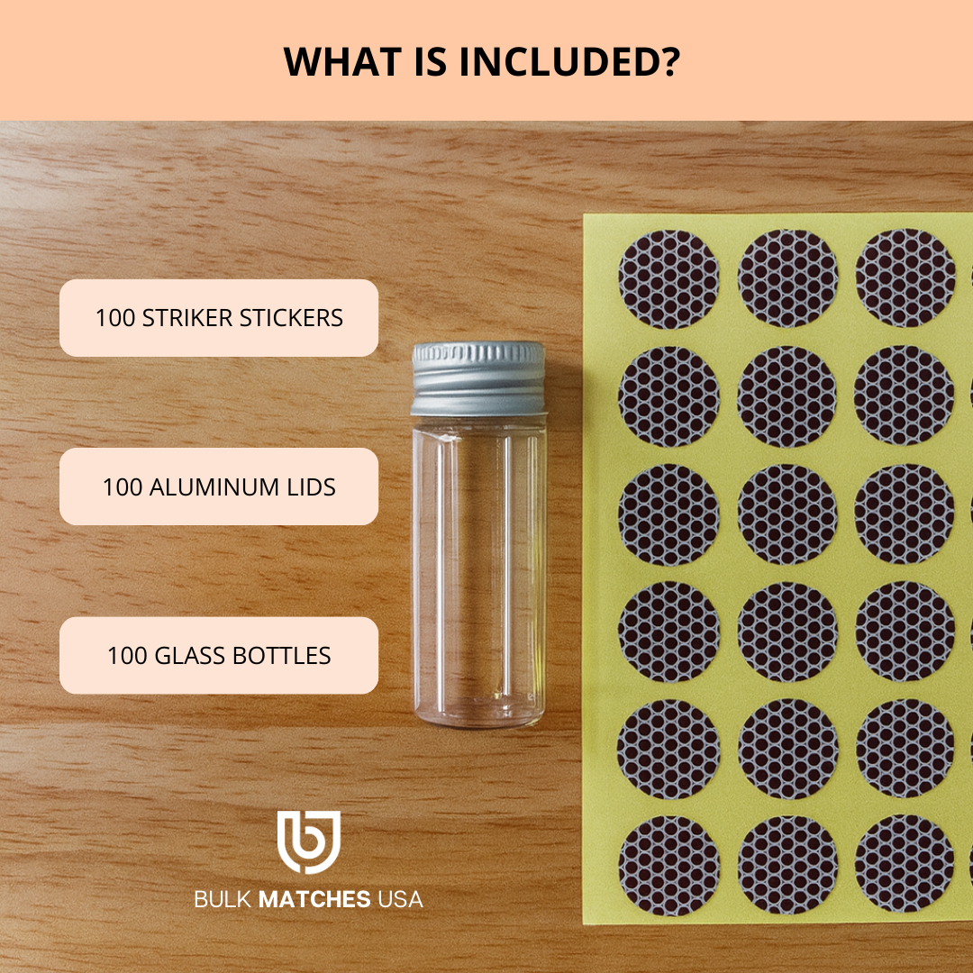 Clean Look Empty Glass Bottles – 100 Pack with Metal Lid + Striker Stickers