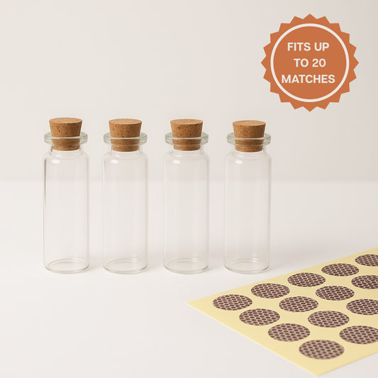 100 Empty Glass Bottles + Cork + Striker Paper – Fits 1.90” Matches