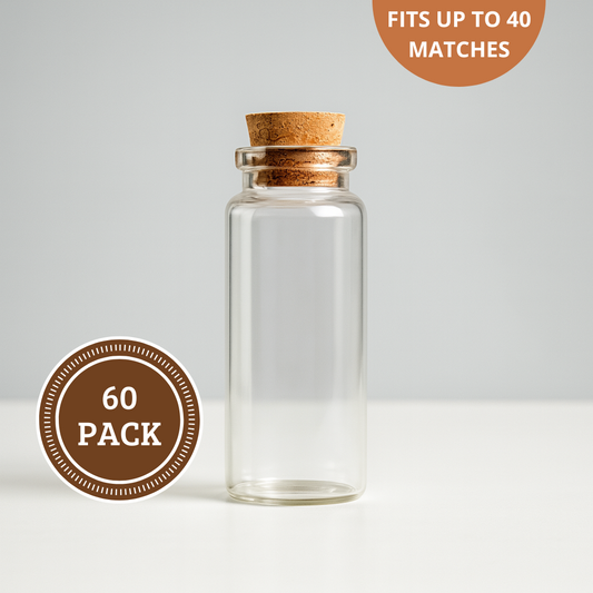 60 Empty Glass Apothecary Bottles with Cork Stoppers & Striker Paper