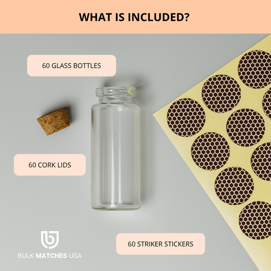 60 Empty Glass Apothecary Bottles with Cork Stoppers & Striker Paper