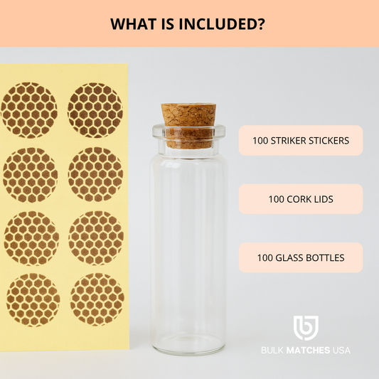 100 Empty Glass Bottles + Cork + Striker Paper – Fits 1.90” Matches