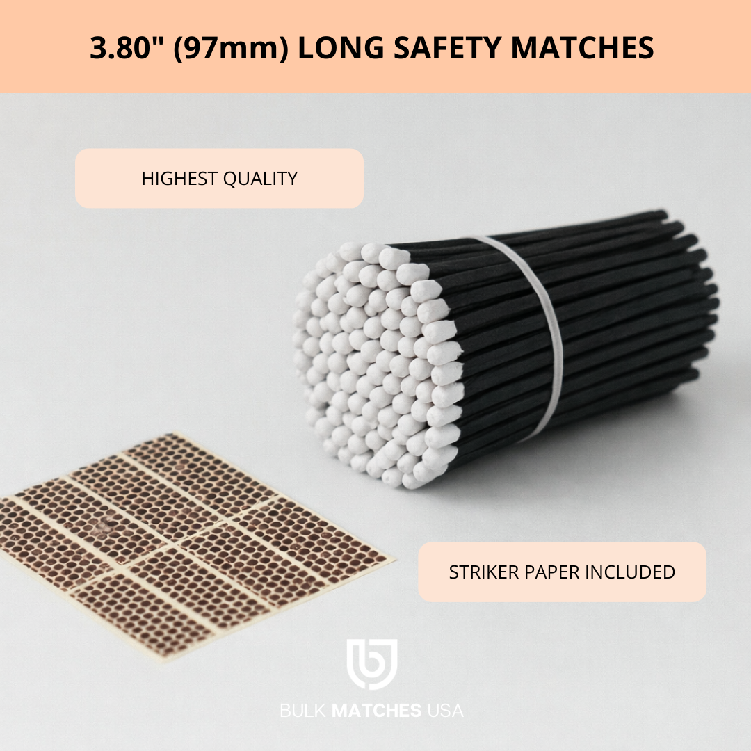 close up white tip black stick tuxedo safety matches 3.80 inch