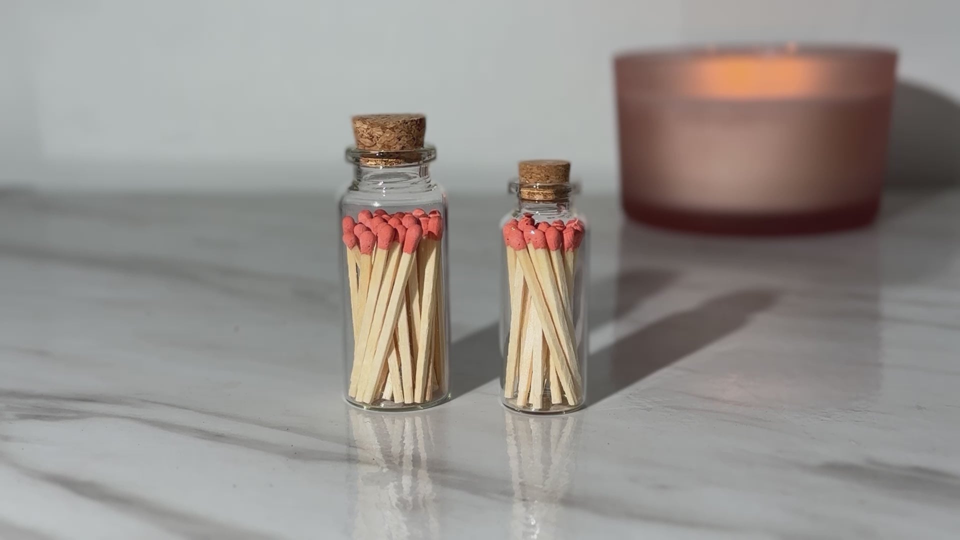 Orange safety matches. Matches in a glass bottle with cork cap